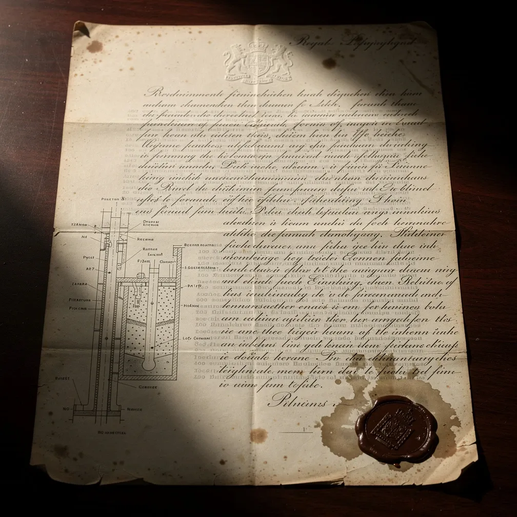 A weathered Victorian memorandum on aged paper with a Royal Household crest, showing dense handwriting in iron gall ink and marginal engineering diagrams of drainage conduits