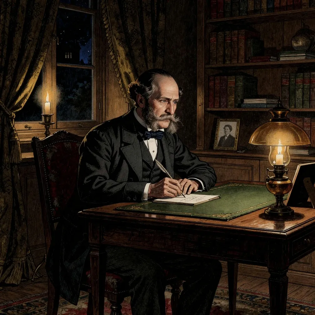 Prince Albert writing alone at his desk in Windsor Castle by candlelight, his expression one of controlled grief, in the style of a Victorian period illustration