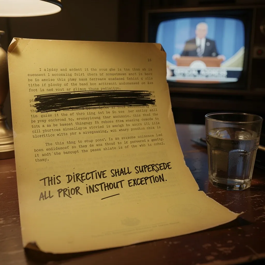 Yellow legal pad with a paragraph crossed out in heavy ink and a single replacement sentence, television showing a man at a podium in the background
