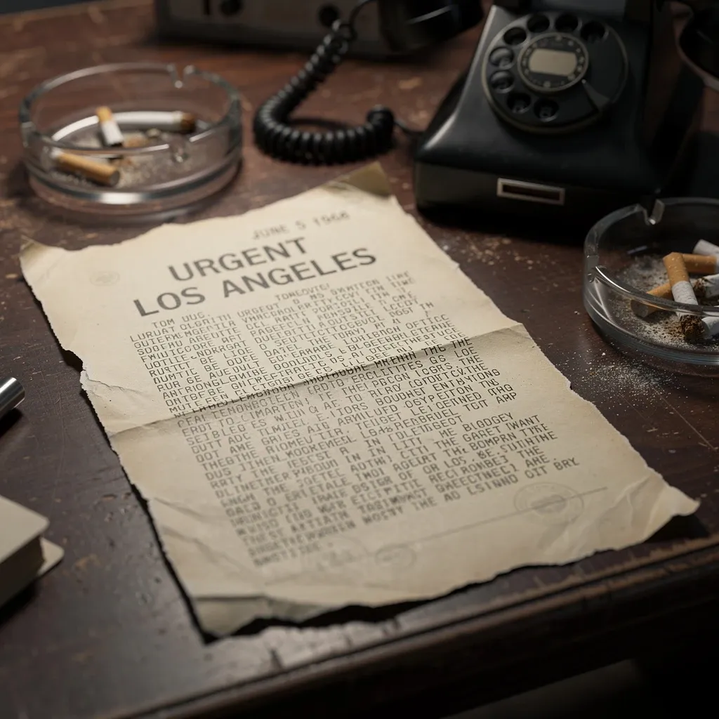 AP teletype wire marked URGENT LOS ANGELES, June 5 1968, on a newsroom desk with rotary phone and ashtray