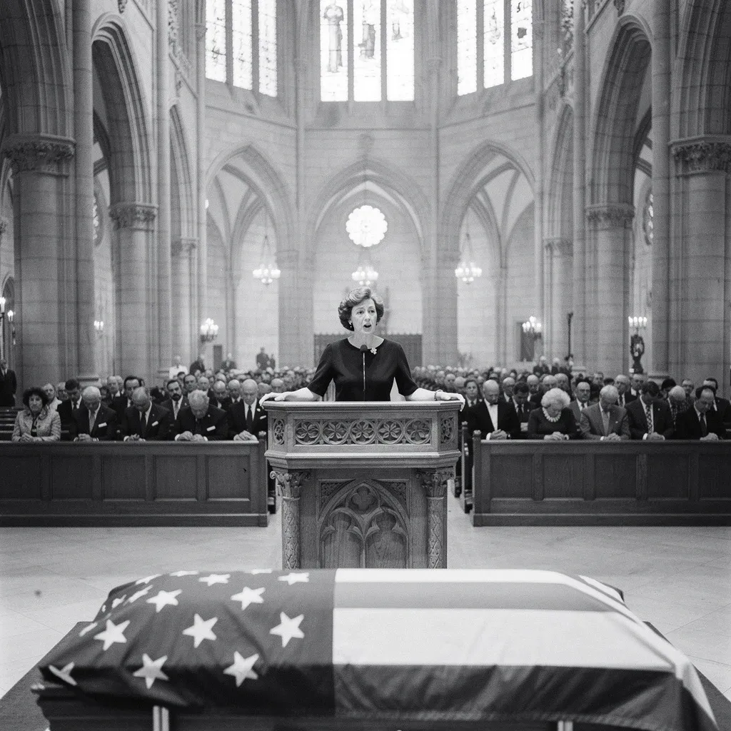 Woman in black at cathedral pulpit, flag-draped casket in foreground, packed cathedral nave of mourners, state funeral 1969