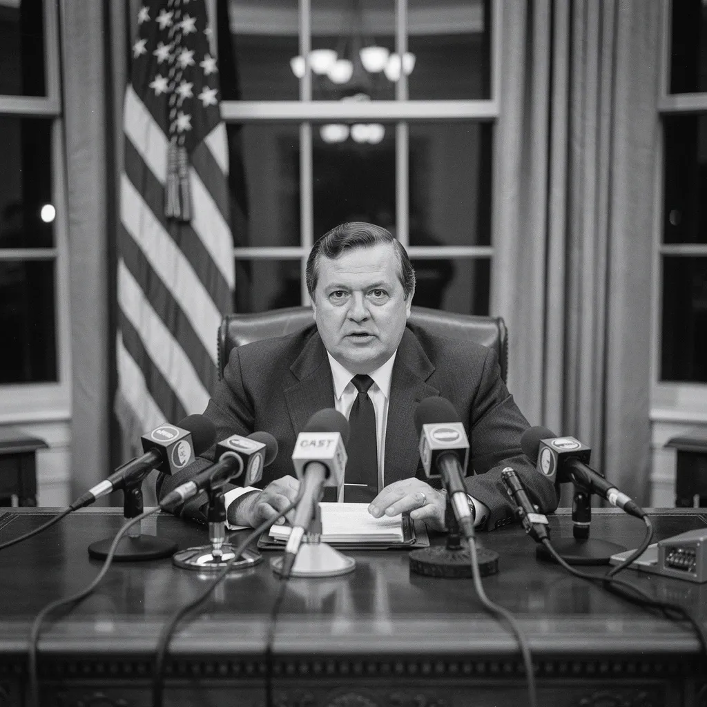 President at Oval Office desk addressing the nation, multiple microphones, American flag, December 1971