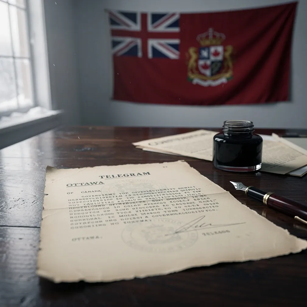 Telegram from Prime Minister Mackenzie King to Lord Halifax, 31 January 1941, with Canadian Red Ensign on the wall behind
