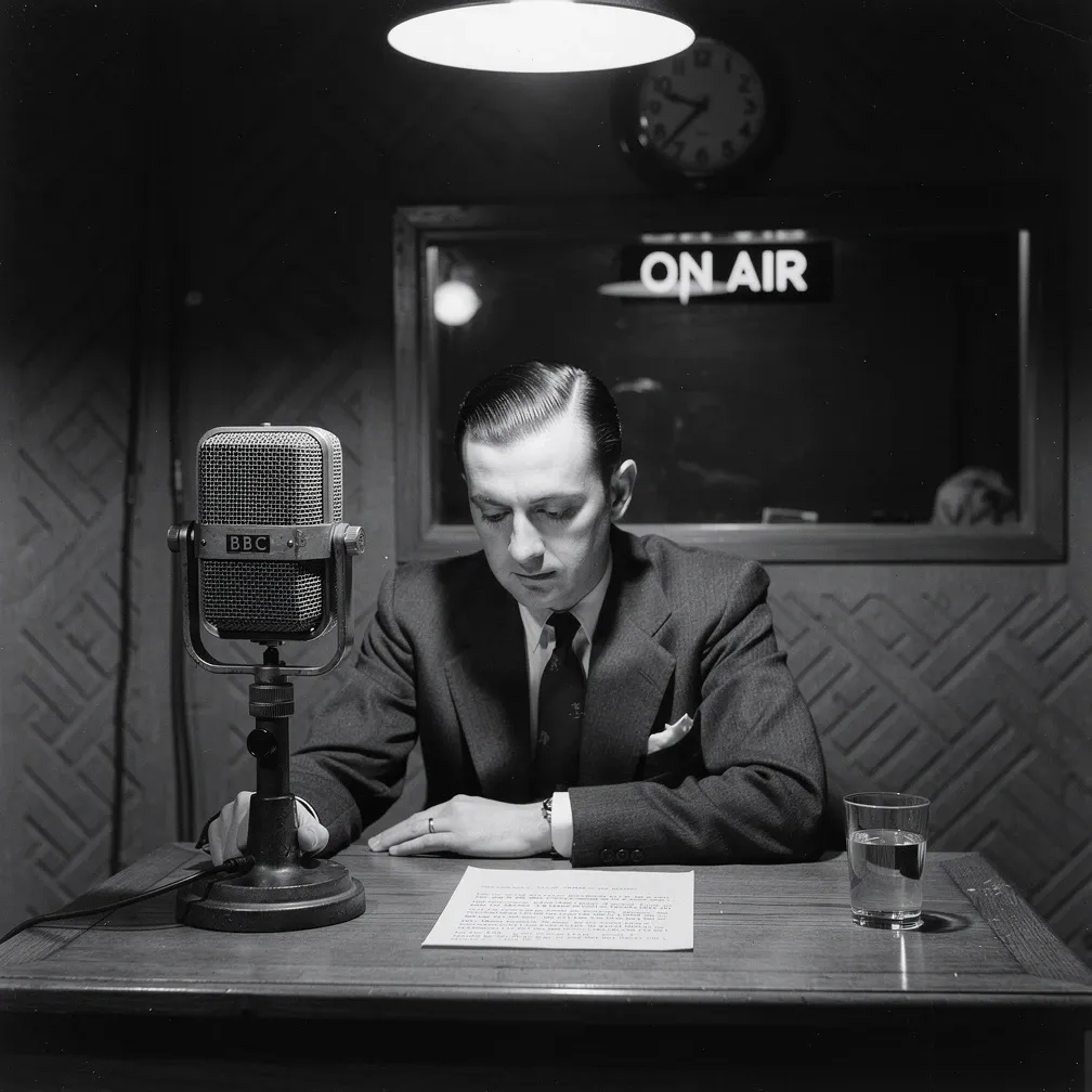 A BBC announcer reads the armistice announcement, 30 January 1941