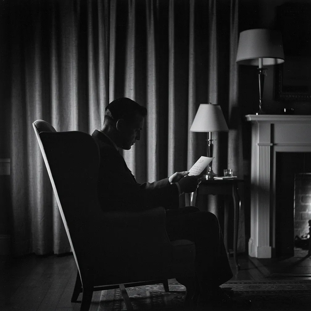 A man reads a letter by firelight, December 1919